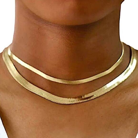 Gold Multilayer Herringbone Necklace, Choker, 4mm & 8mm Width, Men Women - Picture 1 of 6